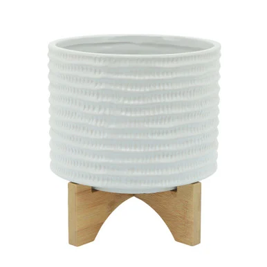 Textured Ceramic Planter with Stand- 8″ – White