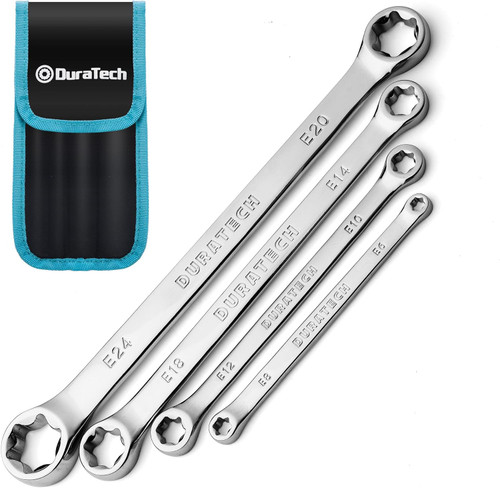 4-Piece E-Torx Wrench Set, Double Box End Wrench Set, CR-V Steel, Including E6*E8, E10*E12, E14*E18 and E20*E24, Organized in Pouch