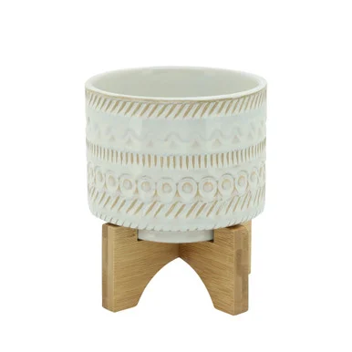 Tribal Ceramic Planter with Stand – 6″ – Cream and Brown