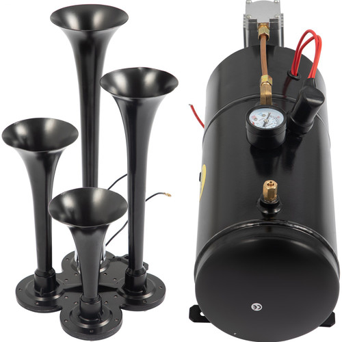 150DB Train Horns Kit for Trucks Super Loud with 120 PSI 12V Air Compressor 4 Trumpet Air Horn Compressor Tank For Any Vehicle Trucks Car Jeep Or SUV (Black)