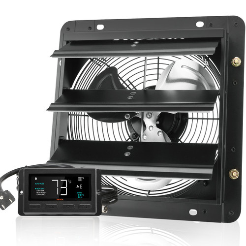 Shutter Exhaust Fan, 10'' with Temperature Humidity Controller, EC-motor, 820 CFM, 10-Speed Adjustable Wall Mount Attic Fan, Ventilation and Cooling for Greenhouses, Garages, Sheds, ETL Listed