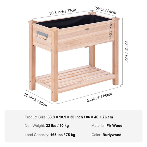 Wooden Raised Garden Bed Planter Box 33.9x18.1x30" Flower Vegetable Herb