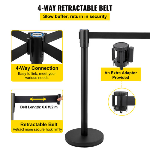 Crowd Control Stanchion, Set of 6 Pieces Stanchion Set, Stanchion Set with 6.6 ft/2 m Black Retractable Belt, Black Crowd Control Barrier w/Concrete and Metal Base - Easy Connect Assembly