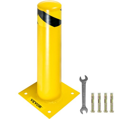 Safety Bollard 24-5.5 Safety Barrier Bollard 5-1/2" OD 24" Height Yellow Powder Coat Pipe Steel Safety Barrier with 4 Free Anchor Bolts for Traffic-Sensitive Area