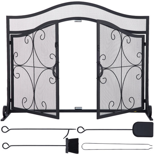 Fireplace Screen, 39 x 26.6 Inch, Double Door Iron Freestanding Spark Guard with Support, Metal Mesh Craft, Broom Tong Shovel Poker Included for Fireplace Decoration & Protection, Black