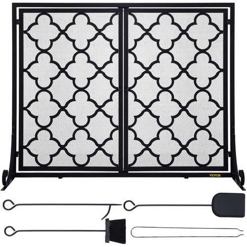 Fireplace Screen, 39 x 31 Inch, Double Door Iron Freestanding Spark Guard with Support, Metal Mesh Craft, Broom Tong Shovel Poker Included for Fireplace Decoration & Protection, Black
