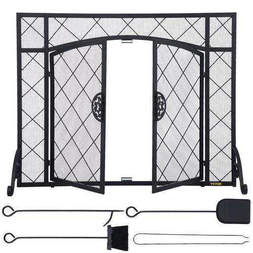 Fireplace Screen, 44 x 33 Inch, Double Door Iron Freestanding Spark Guard with Support, Metal Mesh Craft, Broom Tong Shovel Poker Included for Fireplace Decoration & Protection, Black