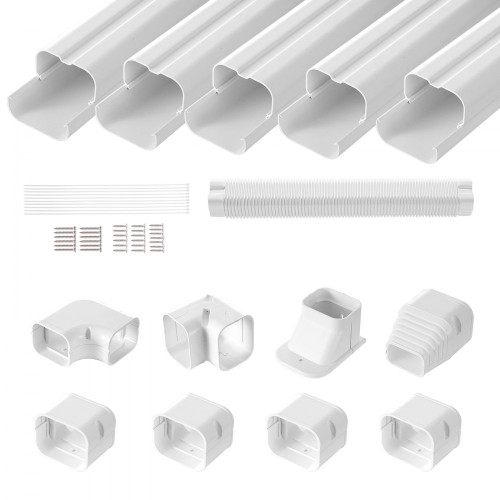 Mini Split Line Set Cover 3-inch W 10Ft L, PVC Decorative Pipe Line Cover For Air Conditioner with 5 Straight Ducts & Full Components Easy to Install, Paintable for Heat Pumps, White