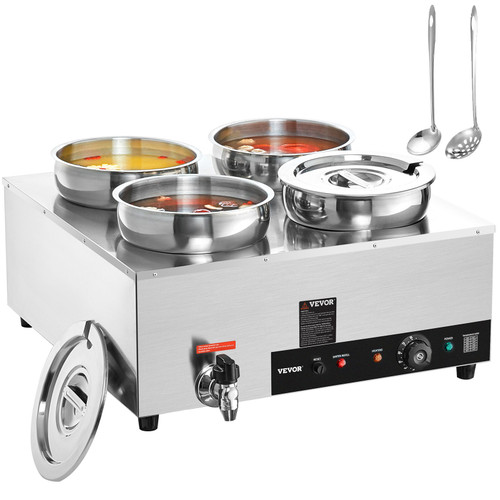 Electric Soup Warmer, Four 7.4QT Stainless Steel Round Pot 86~185°F Adjustable Temp, 1500W Commercial Bain Marie with Anti-dry Burn and Reset Button, Soup Station for Restaurant, Buffet, Silver