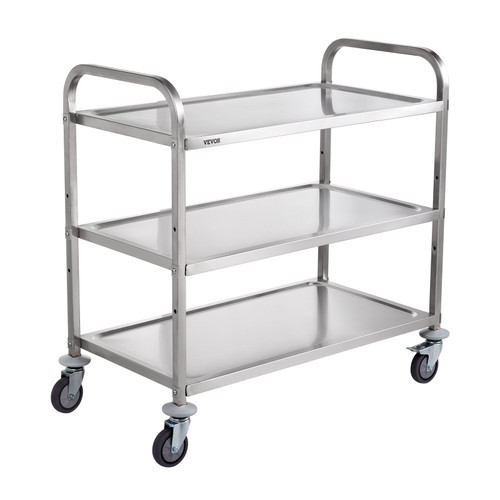 Kitchen Utility Cart, 3 Tiers, Wire Rolling Cart w/ 450LBS Capacity, Steel Service Cart on Wheels, Metal Storage Trolley w/ 80mm Basket Curved Handle PP Liner 6 Hooks, for Indoor and Outdoor Use
