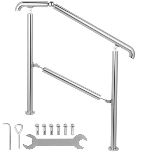 Stainless Steel Transitional Handrail fit for Level Surface and 4 to 5 Adjustable Stair Indoor Outdoor Step Railings 441lb Capacity W/Installation Kit Porch DIY, Silver