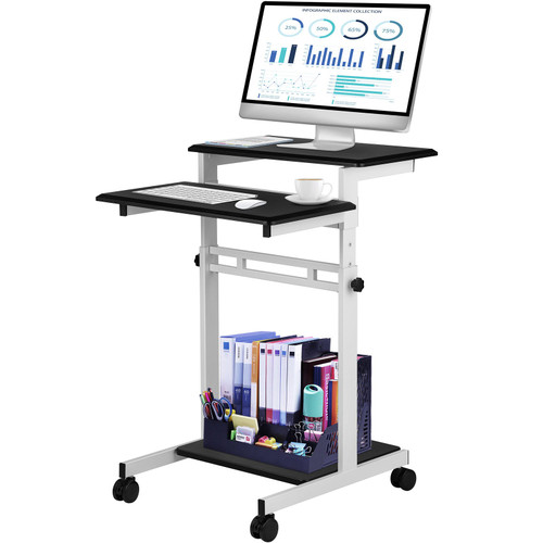 Mobile Standing Desk, Rolling Laptop Desk w/ Three Shelves, 34-47in Adjustable Height with Four 360° Rotation Wheels for Home, Office