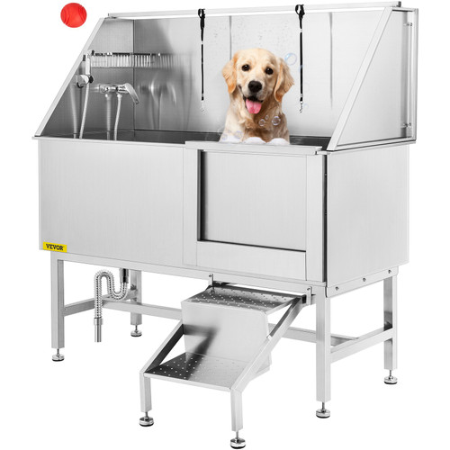 Professional Dog Grooming Tub 62 inch Stainless Steel Pet Bathing Tub Large Dog Wash Tub with Faucet Walk-in Ramp and Accessories Dog Washing Station Pet Bath Tub Right Door