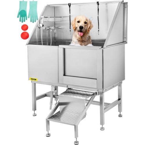 50 Inch Dog Grooming Tub, Professional Stainless Steel Pet Dog Bath Tub, with Steps Faucet & Accessories Dog Washing Station Left Door
