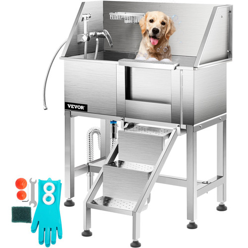 Dog Grooming Tub, 38" Pet Wash Station, Professional Stainless Steel Pet Grooming Tub Rated 180LBS Load Capacity, Non-Skid Dog Washing Station Comes with Ramp, Faucet, Sprayer and Drain Kit