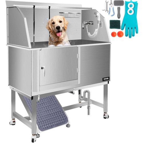 Dog Grooming Tub, 50" L Pet Wash Station, Professional Stainless Steel Pet Grooming Tub Rated 330LBS Load Capacity, Non-Skid Dog Washing Station Comes with Ramp, Faucet, Sprayer and Drain Kit