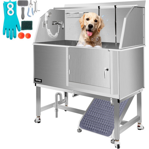 Dog Grooming Tub, 50" R Pet Wash Station, Professional Stainless Steel Pet Grooming Tub Rated 330LBS Load Capacity, Non-Skid Dog Washing Station Comes with Ramp, Faucet, Sprayer and Drain Kit