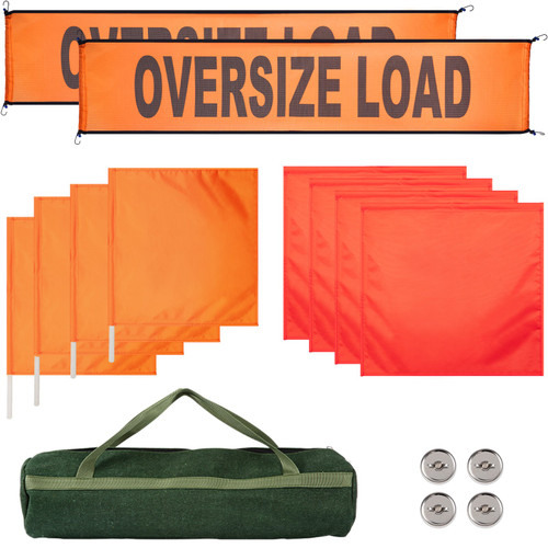 Oversized Load Banner, 2pcs 18"x84" Oversize Banner & 8pcs 18"x18" Fluorescent Flag, Oversize Load Sign with Heavy Duty Metal Hooks, Wide Load Banner Signs with Stretch Cord Mesh for Trucks