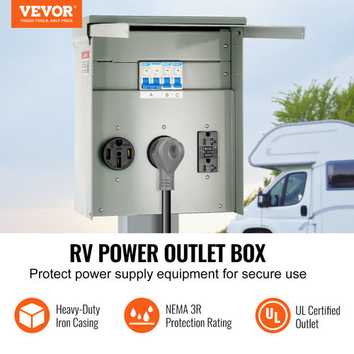 Temporary Power Outlet Panel, 125/250 Volt, RV Power Outlet Box with a 20/30/50 Amp Receptacle Installed, NEMA 14-50R / NEMA TT-30R / 15A GFCI for RV Camper Trailer Motorhome, UL Listed Outlet