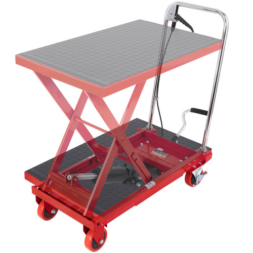 Hydraulic Lift Table Cart, 500lbs Capacity 28.5" Lifting Height, Manual Single Scissor Lift Table with 4 Wheels and Non-slip Pad, Hydraulic Scissor Cart for Material Handling, Red