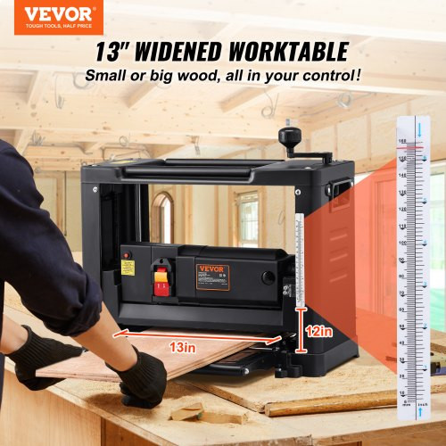 Thickness Planer, Single Speed, 13" Width Worktable Benchtop Planer, Two-Blade, 15-Amp 1800W Powerful Motor, 12" Extended Infeeding Table, Low Noise for both hard & soft wood material removal