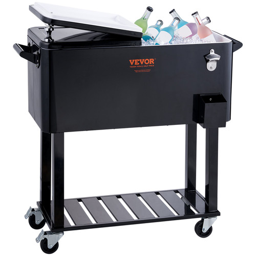 Rolling Ice Chest Cooler Cart 80 Quart, Portable Bar Drink Cooler, Beverage Bar Stand Up Cooler with Wheels, Bottle Opener, Handles for Patio, Backyard, Party and Pool, Black, FDA Listed