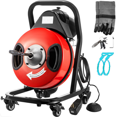Electric Drain Auger 50FTx1/2Inch,250W Drain Cleaner Machine,Sewer Snake Machine,Fit 2''- 4''/51mm-102mm Pipes, w/4 Wheels, Cutters,Foot Switch, for Drain Cleaners Plumbers