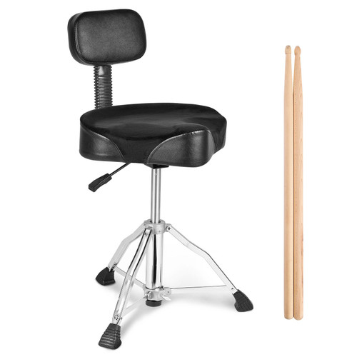 Drum Throne with Backrest, 19.3-25.2 in/490-640 mm Height Adjustable, Hydraulic Saddle Padded Drum Stool Seat with Anti-Slip Feet Drumsticks 500 lbs/227 kg Max Capacity, 360°Swivel for Drummers