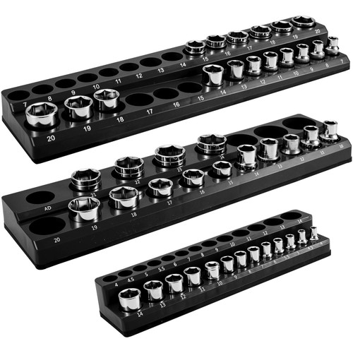 Magnetic Socket Organizer Socket Holder 3 pcs 1/2, 3/8, 1/4-in Metric Black