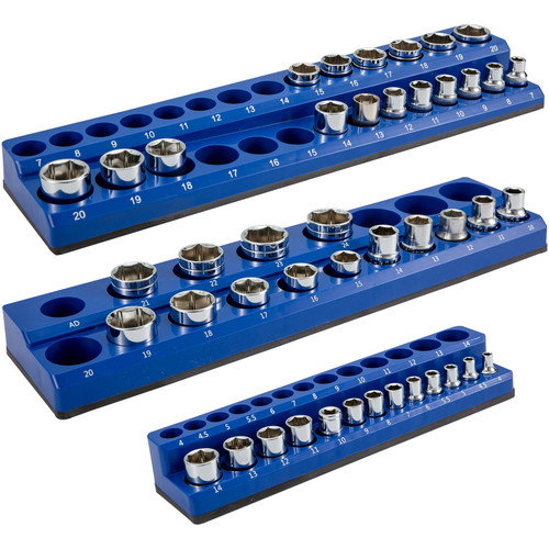 Magnetic Socket Organizer Socket Holder 3 pcs 1/2, 3/8, 1/4-in Metric Blue