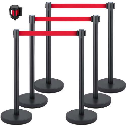 Crowd Control Stanchion, Set of 6 Pieces Stanchion Set, Stanchion Set w/ 6.6 ft/2 m Red Retractable Belt, Crowd Control Barrier w/Rubber BaseEasy Connect Assembly for Crowd Control (Black)