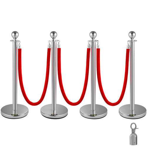 38 Inch Stanchion Posts Queue, Red Velvet Rope (3, Silver)