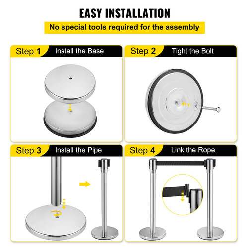 Crowd Control Stanchion, 2PCS Stanchion Set with 6.6 ft/2 m Black Retractable Belt, Silver Crowd Control Barrier with Concrete & Metal Base, Easy Connect Assembly Used for Airports, Theaters