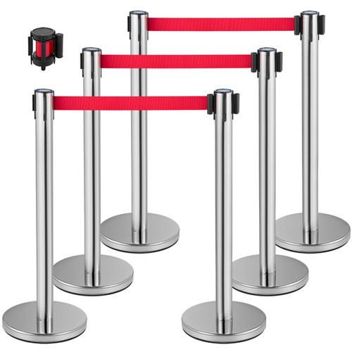 Crowd Control Stanchion, Set of 6 Pieces Stanchion Set, Stanchion Set w/ 6.6 ft/2 m Red Retractable Belt, Crowd Control Barrier w/Rubber BaseEasy Connect Assembly for Crowd Control (Silver)