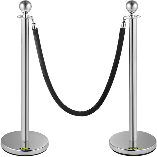 Crowd Control Stanchion, Set of 2 Pieces Stanchion, Stanchion Set with 5 ft/1.5 m Black Velvet Rope, Silver Crowd Control Barrier w/Sturdy Concrete and Metal BaseEasy Connect Assembly