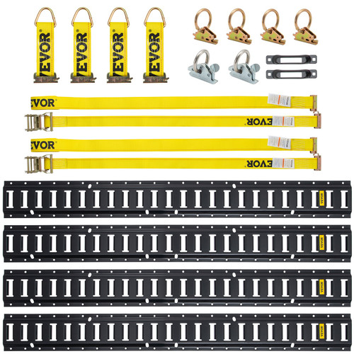 E Track Tie-Down Rail Kit, 18PCS 5FT E-Tracks Set Includes 4 Steel Rails & 2 Single Slot & 6 O Rings & 4 Tie-Offs w/D-Ring & 2 Ratchet Straps, Securing Accessories for Cargo Motorcycles Bikes