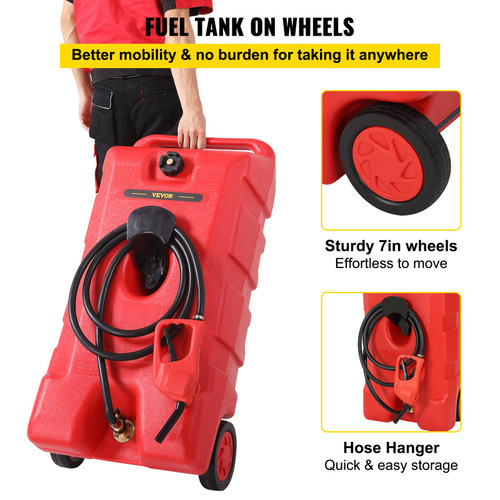 Fuel Caddy, 15 Gallon, Gas Storage Tank on-Wheels, with Siphon Pump and 9.8 ft Long Hose, Gasoline Diesel Fuel Container for Cars, Lawn Mowers, ATVs, Boats, More, Red