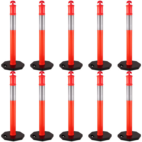 10Pack Traffic Delineator Posts 44 Inch Height, PE Channelizer Cones Post Kit 10 inch Reflective Band, Delineators Post with Rubber Base 16 inch for Construction Sites, Facility Management etc.