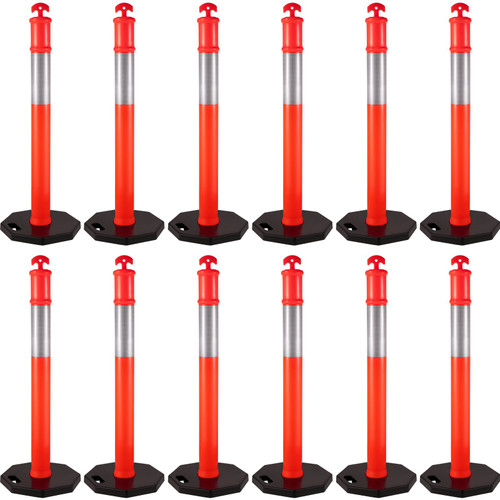 12Pack Traffic Delineator Posts 44 Inch Height, Channelizer Cones Post Kit 10 inch Reflective Band, Delineators Post with Rubber Base 16 inch for Construction Sites, Facility Management etc.