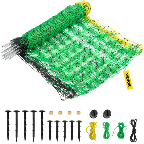 Electric Fence Netting, 49.6" H x 164' L, PE Net Fencing with 14 Posts Double Spiked, Utility Portable Mesh for Goats, Sheep, Lambs, Deer, Hogs, Dogs, Used in Backyards, Farms and Ranches, Green