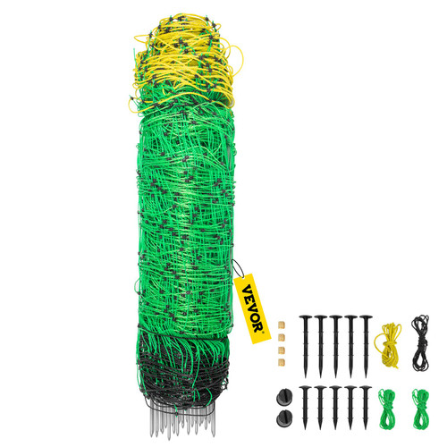 Electric Fence Netting, 35.4" H x 164' L, PE Net Fencing with 14 Posts Double Spiked, Utility Portable Mesh for Goats, Sheep, Lambs, Deer, Hogs, Dogs, Used in Backyards, Farms and Ranches, Green