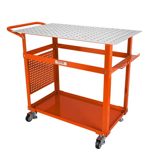 Welding Table 36 x 24-inch, 600LBS Load Capacity Steel Welding Workbench Table on Wheels, Portable Work Bench with Double-Layer Storage Board, 5/8-inch Fixture Holes, 11 Hooks