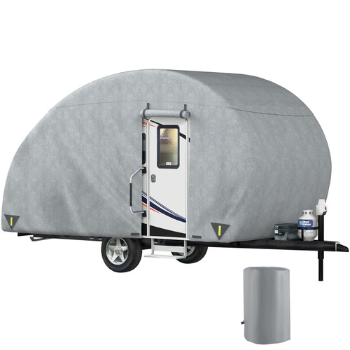 Teardrop Trailer Cover, Fit for 10' - 12' Trailers, Upgraded Non-Woven 4 Layers Camper Cover, UV-Proof Waterproof Travel Trailer Cover w/ 2 Wind-Proof Straps and 1 Storage Bag