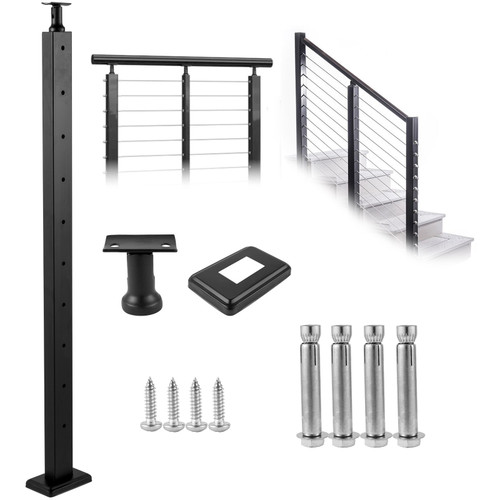 Cable Railing Post Level Deck Stair Post 42 x 0.98 x 1.97" Cable Handrail Post Stainless Steel Brushed Finishing Deck Railing Pre-Drilled Pickets with Mounting Bracket Stair Railing Kit Black