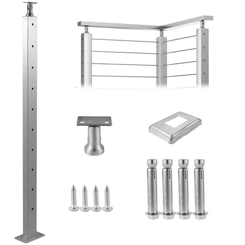Cable Railing Post Level Deck Stair Post 42 x 0.98 x 1.97" Cable Handrail Post Stainless Steel Wire Drawing Deck Railing Pre-Drilled Pickets with Mounting Bracket Stair Railing Kit Sliver