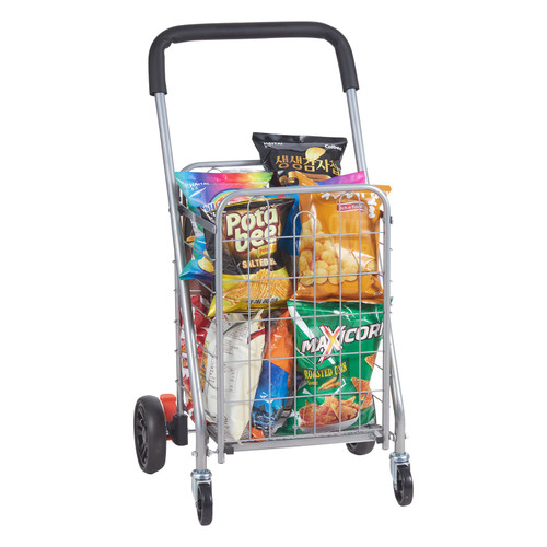 Folding Shopping Cart, 66 lbs Max Load Capacity, Grocery Utility Cart with Rolling Swivel Wheels, Heavy Duty Foldable Laundry Basket Trolley Compact Lightweight Collapsible for Luggage, Silver