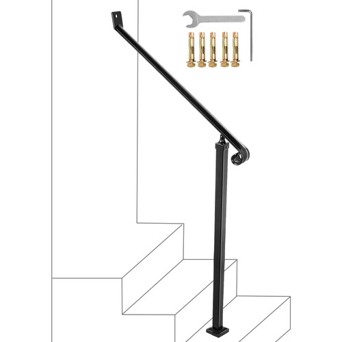 Handrails for Outdoor Steps 2-3 Step Railings Wrought Iron Handrail Stair Railings for Steps Black Iron Railings for Steps Wall and Floor Mounted with Installation Kit