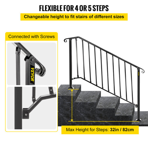 Handrails for Outdoor Steps, Fit 4 or 5 Steps Outdoor Stair Railing, Picket#4 Wrought Iron Handrail, Flexible Porch Railing, Black Transitional Handrails for Concrete Steps or Wooden Stairs