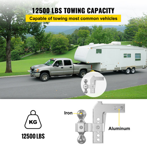 Adjustable Trailer Hitch, Fits 2" Receiver, 6" Drop Ball Mount Hitch w/ Forged Aluminum Shank & Two Iron Balls, 12500 LBS Towing Capacity for Most Common Needs, Dual Locking Pins Included