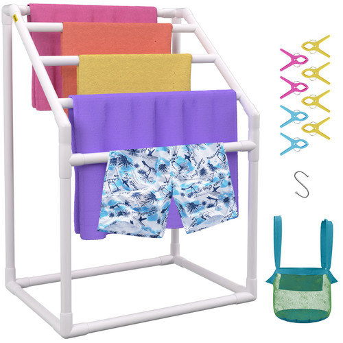 Pool Towel Rack, 5 Bar, White, Freestanding Outdoor PVC Trapedozal Poolside Storage Organizer, Include 8 Towel Clips, Mesh Bag, Hook, Also Stores Floats and Paddles, for Beach, Swimming Pool